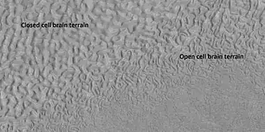 Open and closed brain terrain with labels, as seen by HiRISE under HiWish program Location is Ismenius Lacus quadrangle.