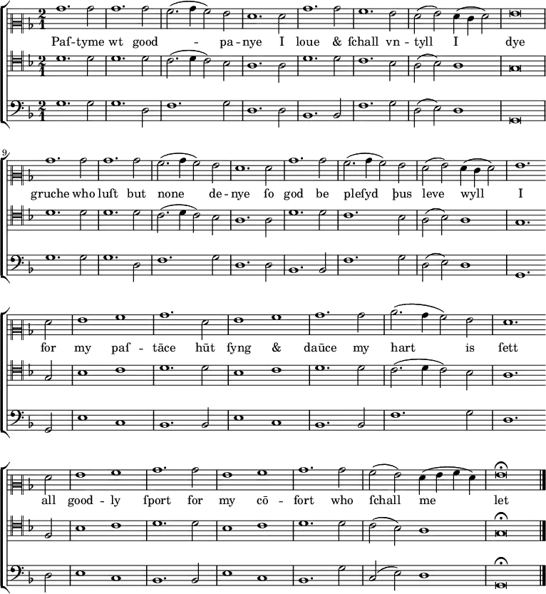 
  \version "2.10.33"
  \new ChoirStaff <<
    \new Staff {
      \set Score.tempoHideNote = ##t
      \tempo 1 = 125
      \time 2/1 \key g \dorian
      \clef "neomensural-c2"
      %% \override NoteHead #'style = #'petrucci
      bes'1. bes'2 bes'1. bes'2  a'2. (bes'4 a'2) g'2 f'1. 
      f'2 bes'1. bes'2 a'1. g'2 f' (g') f'4 (e' f'2) g'\breve \break
      bes'1. bes'2 bes'1. bes'2  a'2. (bes'4 a'2) g'2 f'1.
      f'2 bes'1. bes'2 a'2. (bes'4 a'2)  g'2 f' (g') f'4 (e' f'2) g'1. \bar "" \break
      f'2 g'1 a' bes'1.    f'2 g'1 a' bes'1.   bes'2 c''2. (bes'4 a'2) g' f'1. \bar "" \break
      f'2 g'1 a' bes'1.  bes'2 g'1 a' bes'1.   bes'2 a' (g') f'4 (g' a' f')   
      g'\breve\fermata      \bar "|."
    } %% /new Staff
    \addlyrics { 
      Paſ -- tyme wt good Ꝯ -- pa -- nye 
      I loue "&" ſchall vn -- tyll I dye 
      gruche who luſt but none de -- nye
      ſo god be pleſyd þus leve wyll I
      for my paſ -- tāce 
      hūt ſyng "&" daūce
      my hart is ſett
      all good -- ly ſport
      for my cō -- fort
      who ſchall me let
    } %% /addlyrics
    \new Staff {
      \time 2/1 \key g \dorian
      \clef "neomensural-c4"
      d'1. d'2 d'1. d'2 c'2. (d'4 c'2) bes2 a1. a2 d'1. d'2 c'1. bes2 a2 (bes2) a1 g\breve
      d'1. d'2 d'1. d'2 c'2. (d'4 c'2) bes2 a1. a2 d'1. d'2 c'1. bes2 a2 (bes2)
      a1 g1. g2 bes1 c'1 d'1. d'2 bes1 c'1 d'1. d'2 c'2. (d'4 c'2) bes2
      a1. f2 bes1 c'1 d'1. d'2 bes1 c'1 d'1. d'2 c'2 (bes2) a1 g\breve\fermata \bar "|."
    } %% /new Staff
    \new Staff {
      \time 2/1 \key g \dorian
      \clef bass
      g1. g2 g1. d2 f1. g2 d1. d2 bes,1. bes,2 f1. g2 d2 (e2) d1 g,\breve
      g1. g2 g1. d2 f1. g2 d1. d2 bes,1. bes,2 f1. g2 d2 (e2)
      d1 g,1. g,2 e1 c1 bes,1. bes,2 e1 c1 bes,1. bes,2 f1.
      g2 d1. d2 e1 c1 bes,1. bes,2 e1 c1 bes,1. g2 c2 (e2) d1 g,\breve\fermata \bar "|."
    } %% /new Staff
  >> %% /new ChoirStaff
