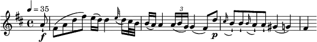 
\relative c' { \set Staff.midiInstrument = #"violin" 
\key d \major
\tempo 4 = 35
\partial 8 a'8-!\f fis8 (a d fis) e16 (d) d4 \appoggiatura e32 d16 cis32 b32 b16 (a) a4 \tuplet 3/2 {a16 (b g)} g4 (fis8) d'\p \appoggiatura cis16 b8-! b8-! \appoggiatura b16 a8-! a-! gis4 (g) fis}
