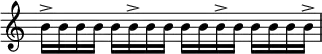 
 {
\override Score.TimeSignature #'stencil = ##f
    \relative c'' {

        b16-> b b b  b b-> b b  b b b-> b  b b b b->
    }

}
