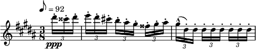 
  \relative c'' { \clef treble \time 3/8 \key gis \minor \tempo 8 = 92
   \partial 8*1 \times 2/3 { dis'16-.\ppp cisis-. dis-. } | \times 2/3 { e-.[ dis-. cis!-.] } \times 2/3 { b-.[ ais-. gis-.] } \times 2/3 { fisis-.[ gis-. ais-.] } |
    \times 2/3 { gis^^([ dis-.) dis-.] } \times 2/3 { dis-.[ dis-. dis-.] } \times 2/3 {dis-.[ dis-. dis-.] } }
