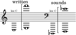 
    {
      \new Staff \with { \remove "Time_signature_engraver" }
      \clef treble \key c \major ^ \markup "written" \cadenzaOn
      \tweak font-size #-2 c1 \finger \markup \text "low C"
      \arpeggioBracket <e f'''>1 \arpeggio
      \once \hide r1
      \clef bass ^ \markup "sounds"
      \tweak font-size #-2 bes,,, \finger \markup \text "low C"
      \arpeggioBracket
      <d,, ees'>1\arpeggio
    }
  