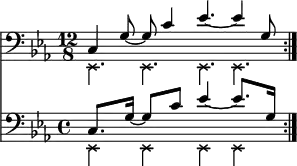 
{
       \relative c, <<
        \new Staff <<
           \new voice {
              \clef bass \time 12/8 \key c \minor
              \set Score.tempoHideNote = ##t \tempo 4 = 100       
              \stemDown \override NoteHead.style = #'cross \repeat volta 2 { es4. es es es }
       }
          \new voice {
              \set Score.tempoHideNote = ##t \tempo 4 = 100      
              \time 12/8
              \stemUp \repeat volta 2 { c'4 g'8~ g c4 es4.~ es4 g,8 } \bar ":|."
       } >>
       \new Staff <<
          \new voice {
              \clef bass \time 12/8 \key c \minor
              \set Staff.timeSignatureFraction = 4/4
              \scaleDurations 3/2 {
                  \set Score.tempoHideNote = ##t \tempo 8 = 100       
                  \stemDown \override NoteHead.style = #'cross \repeat volta 2 { es,4 es es es }
              }
       }
          \new voice \relative c' {
              \time 12/8
              \set Staff.timeSignatureFraction = 4/4
              \scaleDurations 3/2 {
                  \set Score.tempoHideNote = ##t \tempo 4 = 100      
                  \stemUp \repeat volta 2 { c,8. g'16~ g8 c es4~ es8. g,16 } \bar ":|."
              }
       } >>
  >> }
