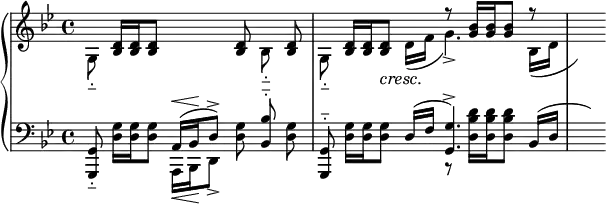 
{
\new PianoStaff
<<
  \new Staff
  {
    \autoBeamOff
    \clef treble
    \key g\minor
    \time 4/4
    <<
      {
        s8 <d' bes>16 [ <d' bes> <d' bes>8 ] s8 s <d' bes> s <d' bes> |
        s <d' bes>16 [ <d' bes> <d' bes>8 ] s r <bes' g'>16 [ <bes' g'> <bes' g'>8 ] r | s
      }
      \\
      {
        g8__ s s s s s bes__ s |
        g__ s s d'16 ( f' g'4._> ) bes16 [( d' ] | \hideNotes e'8 )
      }
    >>
  }
  \new Dynamics { s1 | s8 s s\cresc s\! }
  \new Staff
  {
    \autoBeamOff
    \clef bass
    \key g\minor
    \time 4/4
    <<
      {
        \dynamicUp
        <g, g,,>8__ s s a,16 [ \< ( bes, \! d8^> ) ] s <bes bes,>^_ s |
        <g, g,,>8^_ s s d16 [( f ] <g g,>4.^> ) bes,16 [ ( d ] | \hideNotes e8 )
      }
      \\
      {
        \dynamicDown
        s8 <g d>16 [ <g d> <g d>8 ] a,,16\< [ bes,,\! d,8_> ] <g d>8 s <g d> |
        s8 <g d>16 [ <g d> <g d>8 ] s8 r8 <d' bes d>16 [ <d' bes d> <d' bes d>8 ] s | s
      }
    >>
  }
>>
}
