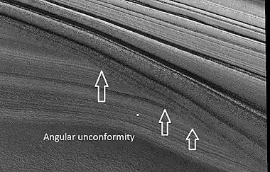 Close view of layers in northern ice cap, as seen by HiRISE under HiWish program  Arrows point to an angular unconformity.