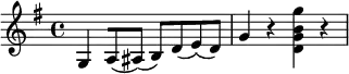 
\relative c' {
\time 4/4
\key g \major
g4 [a8~ (ais8~)] [(b8) d8~ (e8) (d8)] | g4 r4 <d g b g'>4 r4
}