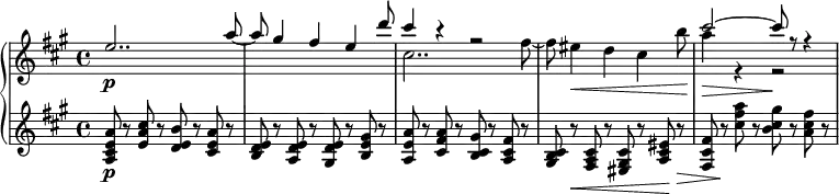 
{ \new PianoStaff <<
\new Staff \relative e'' { \set Staff.midiInstrument = #"string ensemble 1" \key a \major \clef treble \time 4/4 \set Score.tempoHideNote = ##t \tempo 4 = 100 \stemUp
  e2.. \p a8 ~ | % 2
  a8 gis4 fis4 e4 d'8 | % 3
  << { \voiceOne cis4 r4 r2 
        s1 
        cis2 ~ cis8 r8 r4 }
  \new Voice { \voiceTwo cis,2.. fis8 ~ 
         fis8 eis4 \< d4 cis4 b'8\! 
          a4\> r4 r2\! }
>> \oneVoice
  }
\new Staff \relative a { \set Staff.midiInstrument = #"string ensemble 1" \key a \major \clef treble \time 4/4
  <a cis e a>8 \p r8 <e' a cis>8
  r8 <d e b'>8 r8 <cis e a>8 r8 | % 2
  <b d e>8 r8 <a d e>8 r8 <gis d' e>8 r8 <b e gis>8 r8 | % 3
  <a e' a>8 r8 <cis fis a>8 r8 <b cis gis'>8 r8 <a cis fis>8 r8 |
  <gis b cis>8 r8 \< <fis a cis>8 r8 <eis gis cis>8 r8 <a cis eis>8 \! r8\> |
  <fis cis' fis>8 r8 \! <cis'' fis a>8 r8 <b cis gis'>8 r8 <a cis fis>8 r8}
>> }
