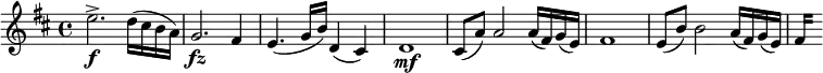  { \relative e'' { \key d \major \time 4/4
e2.-> \f d16( cis b a) | g2. \fz fis4 | e4.( g16 b) d,4( cis) | d1 \mf |
cis8( a') a2 a16( fis) g( e) | fis1| e8( b') b2 a16( fis) g( e) | \set stemLeftBeamCount = #0 fis16[] s
}} \layout { \context {\Score \override SpacingSpanner.common-shortest-duration = #(ly:make-moment 1/8) }}