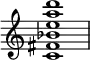  {
\override Score.TimeSignature #'stencil = ##f
\relative c' { 
  \clef treble \time 4/4 <c fis bes e a d>1
} }
