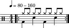 
\version "2.22.0"
\header { tagline = ##f}
\score {
  \drums \with {midiInstrument = "drums"}
  \with { \numericTimeSignature }
  {
    \repeat volta 2 {
      <<
        \tempo 4 = 80-160
        \bar ".|:"
        {
          cymra8 [cymra] cymra [cymra]  cymra [cymra] cymra [cymra]
        }\\{bd4 sne bd sne}
      >>\break
    }
  }
  \layout {}
}
\score {
  \unfoldRepeats {
    \drums \with {midiInstrument = "drums"}{
      \repeat volta 2 {

        <<
          \tempo 4 = 80-160
          \bar ".|:"
          {
            cymra8 [cymra] cymra [cymra]  cymra [cymra] cymra [cymra]
          }\\{bd4 sne bd sne}
        >>\break
      }
    }
  }
  \midi { \tempo  4 = 90 }
}
