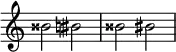  {
\override Score.TimeSignature #'stencil = ##f
\relative c'' {
 \clef treble \key c \major \time 4/4 \hide Staff.TimeSignature bisis2 bis \accidentalStyle modern bisis2 bis
} }
