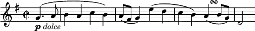 
\relative g' {
  \key g \major \time 2/2
  \partial 2 g4.( _\markup{ \musicglyph #"p" \italic "dolce" } a8
  b4 a c b)
  a8( fis g4) e'( d
  c4 b) a( -\tweak X-offset #2.8 \turn b8 g)
  d2
} 