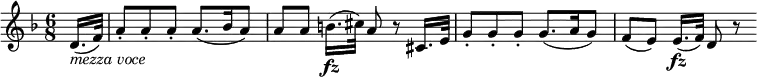  { \relative d' { \key d \minor \time 6/8
\partial 8 d16.( _\markup { \italic "mezza voce" } f32) | a8-. a-. a-. a8.( bes16 a8) |
a8[ a] b16.( \fz cis32) a8 r cis,16. e32) | g8-. g-. g-. g8.( a16 g8) | f8([ e)] e16.( \fz f32) d8 r
}} \layout { \context {\Score \override SpacingSpanner.common-shortest-duration = #(ly:make-moment 1/16) }}