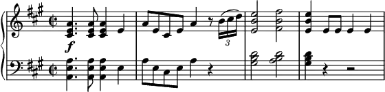 
 \relative g'' {
  \new PianoStaff <<
   \new Staff { \key a \major \time 2/2
    \set Score.tempoHideNote = ##t
     \tempo "" 2. = 64
    <cis,, e a>4.\f <cis e a>8 <cis e a>4 e a8 e cis e a4 r8 \times 2/3 { b16( cis d) } <e, b' e>2 <fis b fis'> <e b' e>4 e8 e e4 e
   }
   \new Staff { \key a \major \time 2/2 \clef bass
    <a,, e' a>4. <a e' a>8 <a e' a>4 e' a8 e cis e a4 r <gis b d>2 <a b d> <gis b d>4 r r2
   }
  >>
 }
