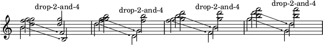 
{
\new Staff <<
\override Score.TimeSignature
#'stencil = ##f
\override Score.SpacingSpanner.strict-note-spacing = ##t
\set Score.proportionalNotationDuration = #(ly:make-moment 1/8)
\time 4/4 
\new Voice \relative c'' {
      <d g>2 \once \stemUp <d g>^\markup { \center-align { "drop-2-and-4" } }
      <f g b> <f b>^\markup { \center-align { "drop-2-and-4" } }
      <g d'> <g d'>^\markup { \center-align { "drop-2-and-4" } }
      <b f'> <b f'>^\markup { \center-align { "drop-2-and-4" } }
      }
\new Voice \relative c'' {
  \override TextSpanner.bound-padding = #1.0
  \override TextSpanner.style = #'line
  \override TextSpanner.bound-details.right.arrow = ##t
  \override TextSpanner.bound-details.left.text = #"fof"
  \override TextSpanner.bound-details.right.text = #"gag"
  \override TextSpanner.bound-details.right.padding = #0.6
  \override TextSpanner.bound-details.right.stencil-align-dir-y = #CENTER
  \override TextSpanner.bound-details.left.stencil-align-dir-y = #CENTER
  \override Glissando.bound-details.right.arrow = ##t
  \override Glissando.arrow-length = #0.5
  \override Glissando.arrow-width = #0.25
      <f g>2\glissando f,
      g'\glissando \once \stemDown g,
      b'\glissando \once \stemDown b,
      d'\glissando \once \stemDown d,
      }
\new Voice \relative c'' {
  \override TextSpanner.bound-padding = #1.0
  \override TextSpanner.style = #'line
  \override TextSpanner.bound-details.right.arrow = ##t
  \override TextSpanner.bound-details.left.text = #"fof"
  \override TextSpanner.bound-details.right.text = #"gag"
  \override TextSpanner.bound-details.right.padding = #0.6
  \override TextSpanner.bound-details.right.stencil-align-dir-y = #CENTER
  \override TextSpanner.bound-details.left.stencil-align-dir-y = #CENTER
  \override Glissando.bound-details.right.arrow = ##t
  \override Glissando.arrow-length = #0.5
  \override Glissando.arrow-width = #0.25
      b2\glissando b,
      d'\glissando \once \stemDown d,
      <f' g>\glissando \once \stemDown f,
      g'\glissando \once \stemDown g,
      }
>>
}
