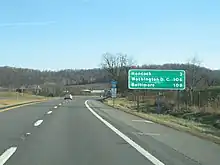 Baltimore is the major control city on I-70 eastbound through Maryland, while Washington, DC is a major city of interest. (This sign is located in Pennsylvania in close proximity to the Maryland border.)