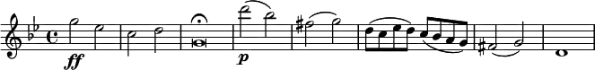 
\relative g'' { \key g \minor \time 4/4
g2 \ff es | c2 d |  g,\breve*1/2 \fermata
d''2( \p bes) | fis2( g) | d8( c es d) c( bes a g) | fis2( g) | d1
} 