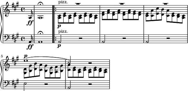  \layout { ragged-right = ##t }
\new PianoStaff { <<
    \new Staff \relative a {
      \key a \major \time 4/4 \clef "treble"
      \partial 16 a16 \ff | a1 \fermata \bar ".|:"
      << \new Voice \relative e'' {
          \stemUp \slurUp \override MultiMeasureRest.staff-position = #4
          R |R | R | e1( ^\p | cis2) r }
         \new Voice \relative a {
          \stemDown <cis a>8 \p ^"pizz." <e cis> <cis a> <e cis> <cis a> <e cis> <d b> <cis a>
          <fis d>8 <a fis> <fis d> <a fis> <fis d> <a fis> <gis e> <fis d>
          <e cis>8 <a cis,> <cis e,> <b d,> <a cis,> <e cis> <d b> <cis a>
          <d gis,>8 <gis b,> <b d,> <a cis,> <gis b,> <e gis,> <fis a,> <gis b,>
          <a cis,>8 <e cis> <cis a> <e cis> <cis a> <e cis> <d b> <cis a> } >> }
    \new Staff \relative a, {
      \key a \major \time 4/4 \clef "bass"
      \partial 16 a16 \ff | a1 \fermata \bar ".|:"
      a2 \p ^"pizz." r | a2 r| a2 r | e'2 r | a,2 r }
  >> } 