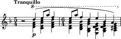 
{\new PianoStaff <<
\new Staff 
    \relative c'' <<
    { 
        \clef treble 
        \key f\major
        \set Score.tempoHideNote = ##t 
        \tempo "Tranquillo" 4=88
        \time 5/4 b2\rest \ottava #1 d'4\p( e8 a f4
        \time 6/4 e8 a f4 d e bes a)
    }
    \\
    \relative c'' {
        \time 5/4 s2 \ottava #1 <d f a>4 <c e a c>4 <d f a d>4
        \time 6/4 <c e a c> <bes d bes' f> <g bes g' bes> <e bes' d e g> <g bes d e g> <a cis e g>
    }
    >>
>>}
