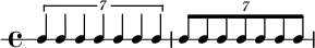  \new RhythmicStaff {
   \clef percussion
   \time 4/4
   \set Score.tempoHideNote = ##t \tempo 4 = 100
   \tuplet 7/4 { c4 c c c c c c }
   \tuplet 7/8 { c8 c c c c c c }
}
