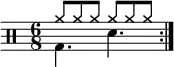 
\new Staff <<
 \new voice \relative c' {
  \clef percussion
  \numericTimeSignature
  \time 6/8
  \set Score.tempoHideNote = ##t \tempo 4. = 80
  \stemDown \repeat volta 2 { g4. d' }
  }
  \new voice \relative c'' {
  \override NoteHead.style = #'cross
  \stemUp \repeat volta 2 { a8 a a a a a }
  }
>>
