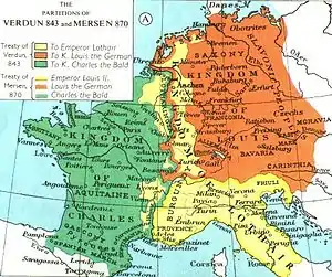 The division of the Carolingian Empire by the Treaty of Verdun in 843