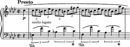 
\new PianoStaff <<
\new Staff = "Up" \with { \magnifyStaff #3/4 } <<
\new Voice \relative c' {
\clef treble
\tempo "Presto"
\set Score.tempoHideNote = ##t \tempo 2 = 112

\key f \minor
\time 2/2
\partial 4
\override TupletBracket.bracket-visibility = #'if-no-beam
\tupletSpan 4
c'4 \p (\tuplet 3/2 {c8_\markup{\italic molto \italic legato} [des b] c ees des c [des b!] c fis g}
\omit TupletNumber
\tuplet 3/2 {c, [des b] c ees des c [des b] c aes' f} \hide r16)
}
>>
\new Staff = "Down" \with { \magnifyStaff #3/4 } <<
\new Voice \relative c{
\clef bass
\key f \minor
\tupletSpan 2
r4 \tuplet 3/2 {e \sustainOn (g' c,) bes! (g' c, \sustainOff) f, \sustainOn (aes' c,) aes (aes' c, \sustainOff)} s16
}
>>
>>
