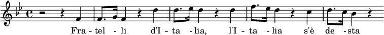 \relative f' { \clef treble \time 4/4 \key bes \major r2 r4 f4 f8. g16 f4 r4 d'4 d8. ees16 d4 r4 d4 f8. ees16 d4 r4 c4 d8. c16 bes4 r4 } \addlyrics { Fra -- tel - li d'I -- ta - lia, l'I -- ta - lia s'è de - sta }