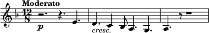 
{
  \new PianoStaff <<
    \new Staff \relative e' {
      \set Staff.midiInstrument = #"string ensemble 1" \key d \minor \clef treble \time 12/8 \set Score.tempoHideNote = ##t \tempo "Moderato" 4. = 55
  r2. \p r4. e4. | % 2
  d4._\markup { \italic cresc. } c4 bes8 a4. g4. | % 3
  a4. r8 r1
    }
  >>
}
