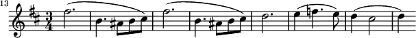 
\relative c'' {
  \key b \minor
  \time 3/4
  \clef treble
  \set Staff.midiInstrument = "oboe"
  \set Score.currentBarNumber = #13
  \bar ""
  fis2.( | b,4. ais8 b cis) | fis2.( | b,4. ais8 b cis) | d2. | e4( f4. e8) | d4( cis2 | d4)
}
