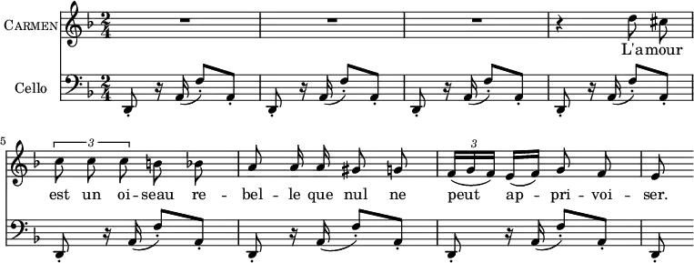 
\header {
  tagline = "" % removed
}
\score {
  <<
    \new Voice = "Carmen" {
      \set Staff.vocalName = \markup \smallCaps Carmen
      \clef treble \time 2/4 \key d \minor
      R2 R2 R2
      \relative d'' { \autoBeamOff
        r4 d8 cis \tupletUp \times 2/3 { c c c } b bes
        a8 a16 a gis8 g \autoBeamOn \times 2/3 { f16( g f) } e[( f)] \autoBeamOff g8 f
        e8 \autoBeamOn
      }
    }
    \new Lyrics \lyricsto Carmen { L'a -- mour est un oi -- seau re -- bel -- le que nul ne peut ap -- pri -- voi -- ser. }
    \new Staff {
      \set Staff.instrumentName = "Cello"
      \clef bass \time 2/4 \key d \minor
      {
        d,8-. r16 a,( f8-.) a,-.
        d,8-. r16 a,( f8-.) a,-.  d,8-. r16 a,( f8-.) a,-.
        d,8-. r16 a,( f8-.) a,-.  d,8-. r16 a,( f8-.) a,-.
        d,8-. r16 a,( f8-.) a,-.  d,8-. r16 a,( f8-.) a,-.
        d,8-.
      }
    }
  >>
}
