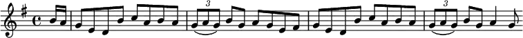 
\new Score {
  \new Staff {
    \relative c'' {
      \clef treble
      \key g \major
      \time 4/4

      \partial 16*2 b16 a |
      g8 e d b' c a b a |
      \times 2/3 { g8( a g) } b8 g a g e fis |
      g8 e d b' c a b a |
      \times 2/3 { g8( a g) } b8 g a4 g8
    }
  }
}
