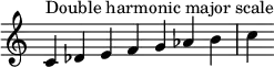  {
\override Score.TimeSignature #'stencil = ##f
\relative c' { 
  \clef treble \time 7/4
  c4^\markup { Double harmonic major scale }  des e f g aes b c
} }
