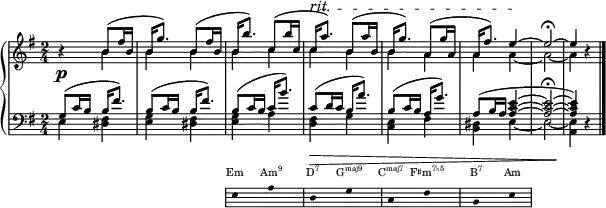  { <<
  \new Dynamics {
    s2 s s4 s \tempo 8 = 87 s-"rit." \tempo 8 = 82 s \tempo 8 = 77 s \tempo 8 = 72 s
  }
 \new PianoStaff <<
  \new Staff \with{ \magnifyStaff #3/4 } << 
   \new Voice \relative c' {
   \key e \minor \set Score.tempoHideNote = ##t \tempo 8 = 92 \time 2/4 \stemUp \slurUp \tieUp
    r4 b'8( fis'16 b, | b g'8.) b,8( fis'16 b, | b b'8.) c,8( b'16 c, | c a'8.^\startTextSpan) b,8( a'16 b, | b g'8.) a,8( g'16 a, | a fis'8.) e4 ~ \stopTextSpan e2 \fermata ~ e4 r \bar "|."
   }
   \new Voice \relative c' {
   \stemDown \tieDown
    s4 b'4 b b b c c b b a a a ~ a2 ~ a4 s4
   }
  \new Dynamics {
    \p
  }
  \new Staff \with{ \magnifyStaff #3/4 } <<
   \new Voice \relative c' { 
    \key e \minor \clef F \time 2/4 \stemUp \slurUp \tieUp
    g8( c16 b b fis'8.) | b,8( c16 b b fis'8.) | b,8( c16 b c b'8.) | c,8( d16 c b a'8.) | b,8( c16 b a g'8.) | a,8( b16 a ~ <a c e>4 ~ <a c e>2 \fermata ~ <a c e>4) r | 
   }
   \new Voice \relative c' { 
    \stemDown \tieDown
    e,4 <dis fis> | <e g> <dis fis> | <e g> a | <d, fis> g | <c, e> fis | <b, dis> e4 ~ e2 ~ <a, e'>4 s
   }
  \new Dynamics {
    s2 s s s\> s s s s \!
  }
 >> >> >>
 \new Staff = "chords" \with {
      \omit TimeSignature
      \magnifyStaff #2/3
    } \relative c' 
 { \hide Staff.KeySignature \hide Staff.Clef \key e \minor \clef bass
 { \hide Stem \stopStaff \once \hide \p s2 s \startStaff e,8 s a s d, s g s c, s fis s b, s e s \stopStaff}} 
\addlyrics \with { alignAboveContext = "chords" \override VerticalAxisGroup.nonstaff-relatedstaff-spacing = #'((basic-distance . 3)) } { \override LyricText.font-size = #-3 Em \markup{\concat{Am\super{9}}} \markup{\concat{D\super{7}}} \markup{\concat{G\super{maj9}}} \markup{\concat{C\super{maj7}}} \markup{\concat{F♯m\super{7♭5}}} \markup{\concat{B\super{7}}} Am}
>>
 }
\layout { line-width = #150 }
