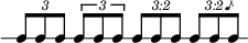  {
\override Score.TimeSignature #'stencil = ##f
\new RhythmicStaff {
   \clef percussion
   \time 5/4
   \set Score.tempoHideNote = ##t \tempo 4 = 100
   \tuplet 3/2 { c8 c c }
   \once \override TupletBracket.bracket-visibility = ##t \tuplet 3/2 { c8 c c }
   \once \override TupletNumber.text = "3:2" \tuplet 3/2 { c8 c c }
   \once \override TupletNumber.text = "3:2♪" \tuplet 3/2 { c8 c c }
} }
