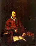 Posthumous portrait of Alexander Pushkin by Carl Peter Mazer, 1839, shows him in a red and green tartan dressing gown.