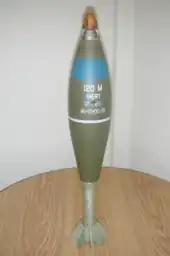 120mm HE mortar shell fitted with M734 proximity fuze