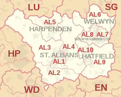 AL postcode area map, showing postcode districts, post towns and neighbouring postcode areas.