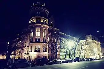 Night view of the museum, looking northwest from across Central Park West