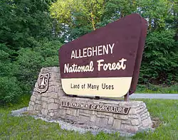 A welcome sign for Allegheny National Forest along Route 948