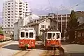 Two railcars at Monthey in 1979.  The terminus is now located further out of the town