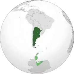 Argentine territory in dark green; territory claimed but not controlled by Argentina in light green