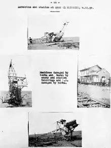 Three small photos of damaged aircraft and another of building