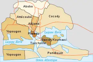 Map of the 10 communes which formed the former City of Abidjan (422 km2), now included in the larger Autonomous District of Abidjan (2119 km2)