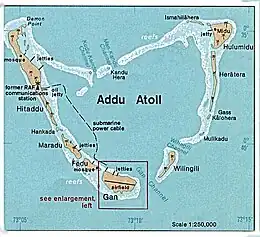 1976 map of Addu Atoll showing Gan and airfield