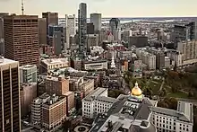 An aerial view of the Massachusetts State House and the Suffolk University campus