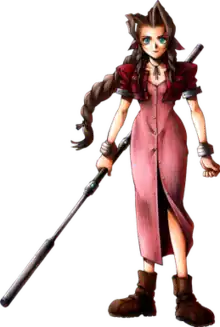 Drawing of a brown-haired girl with green eyes holding a large staff. She wears silver bracelets, brown boots and a shin-length pink dress that buttons up with the front with a red bolero jacket.