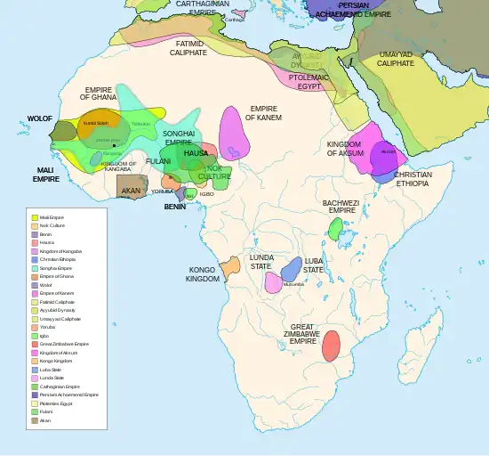 Diachronic map showing "Akan-held territory Ashantiland" Sovereign nation state and territorial entity with pre-colonial states and cultures of Africa (spanning roughly 500 BCE to 1500 CE). This map is "an artistic interpretation" using multiple and disparate sources.