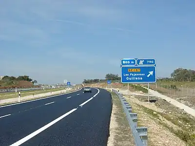 Modern autovías (expressway) such as the A-66 near Guillena, Seville, offer most, if not all, features that are required by an autopista (motorway).