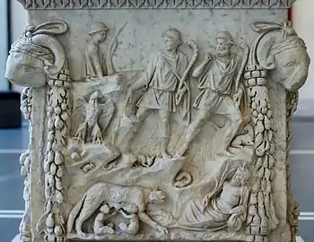 Image 47Romulus and Remus, the Lupercal, Father Tiber, and the Palatine on a relief from a pedestal dating to the reign of Trajan (AD 98–117) (from Culture of Italy)